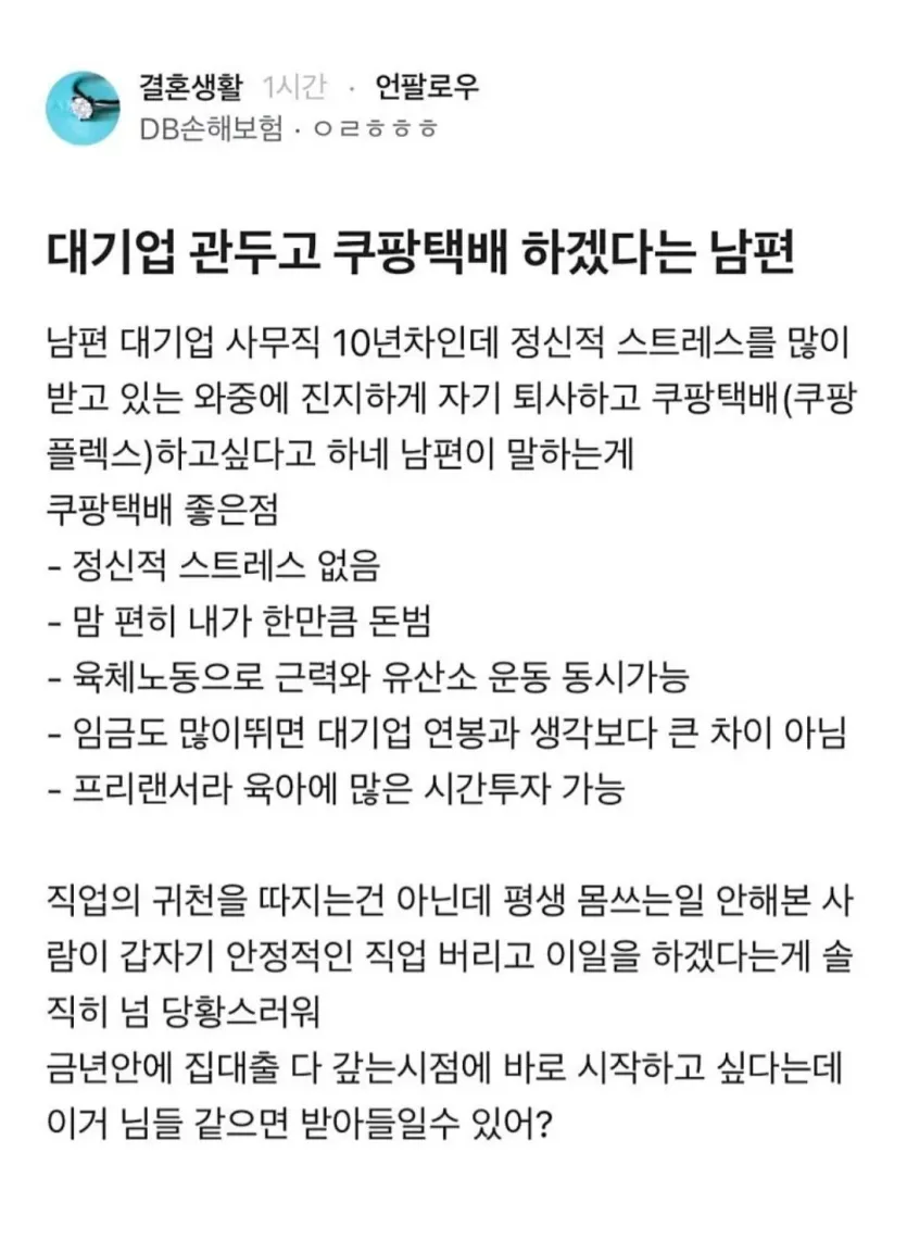 대기업 그만두고 쿠팡택배 뛰겠다는 남편